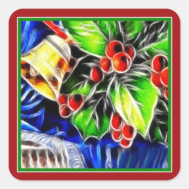 Old Style Holly With Golden Bell Square Sticker (Front)