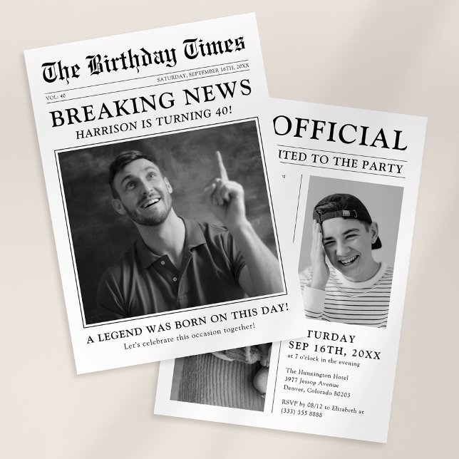 Old Style Newspaper Photo Birthday Party Invitation (Creator Uploaded)