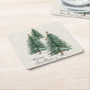 Old Style Watercolor Christmas Tree in Snow Square Paper Coaster