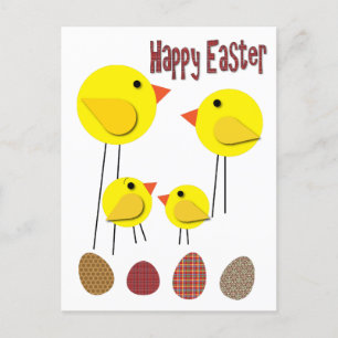 Old Style Yellow Chicken Family and Easter Eggs Holiday Postcard