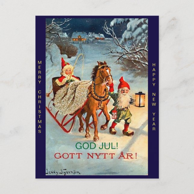 Old Swedish Tomte Elf Merry Christmas & New Year Holiday Postcard (Front)