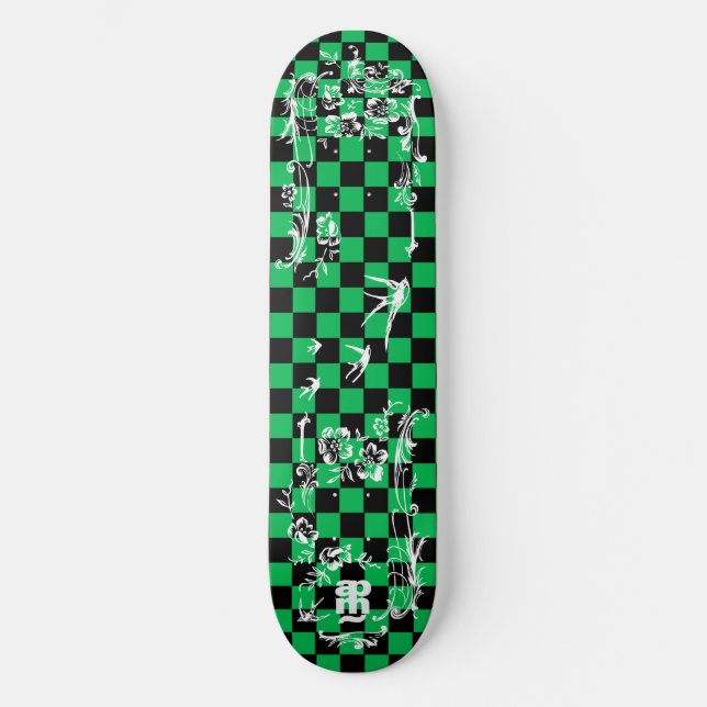 Old Tattoo Checkboard - Green & Black Skateboard (Front)