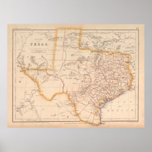Old Texas Map (1857) Vintage TX Lone Star State St Poster