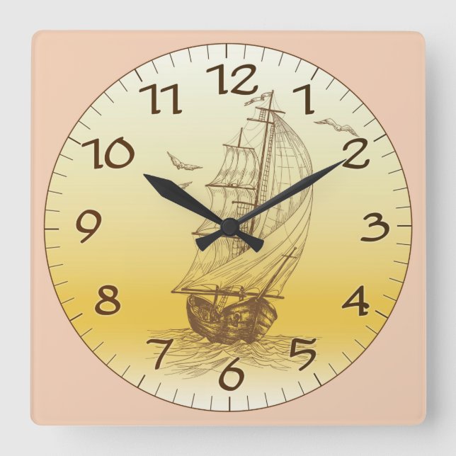 Old Time Sailing Ship Square Wall Clock (Front)