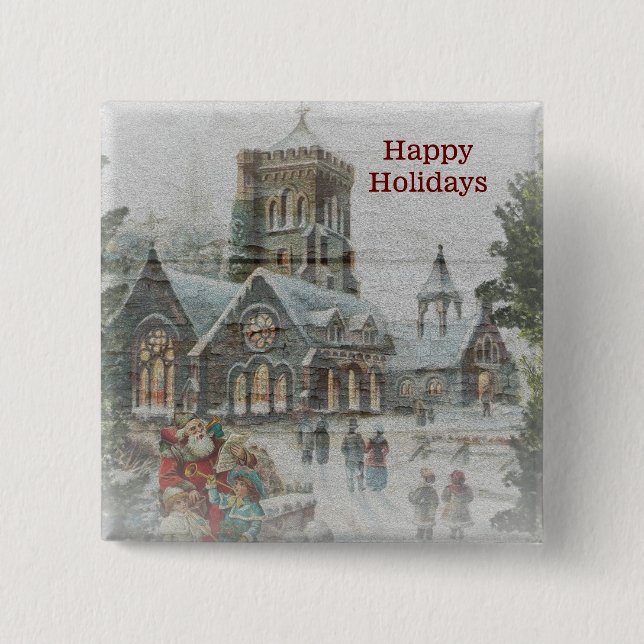 Old time Santa with children in front of a church  15 Cm Square Badge (Front)
