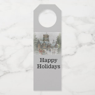 Old time Santa with children in front of a church Bottle Tag