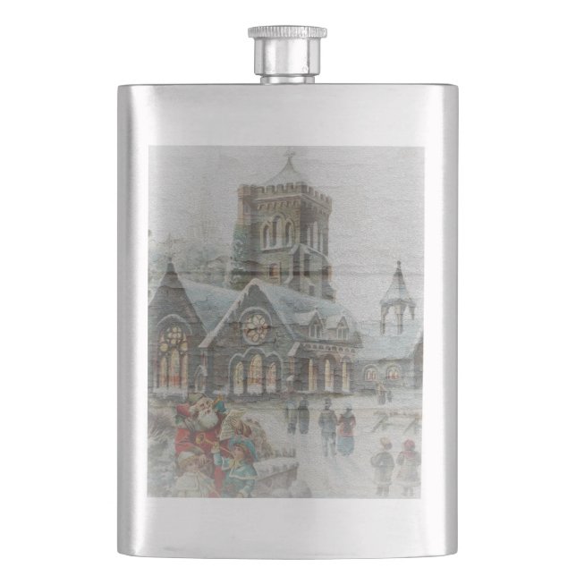 Old time Santa with children in front of a church  Hip Flask (Front)