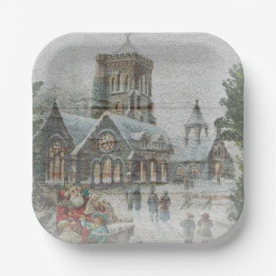 Old time Santa with children in front of a church  Paper Plate
