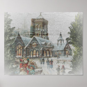 Old time Santa with children in front of a church  Poster