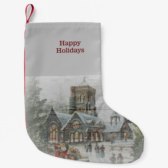 Old time Santa with children in front of a church  Small Christmas Stocking (Front)