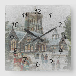 Old time Santa with children in front of a church  Square Wall Clock