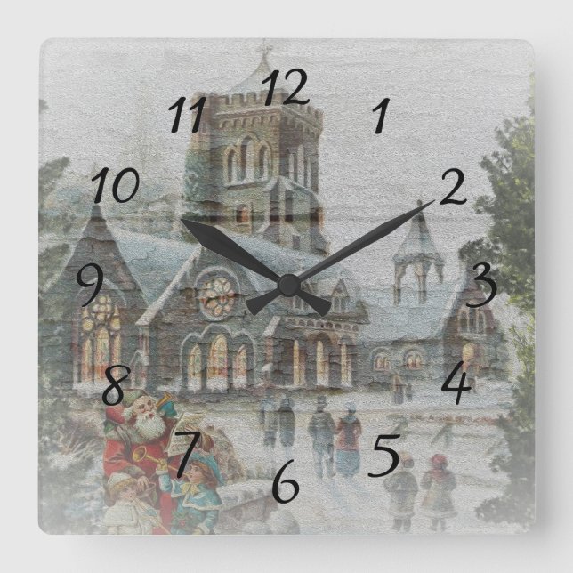 Old time Santa with children in front of a church  Square Wall Clock (Front)