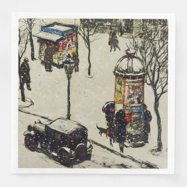 Old Time Street Scene Antique Car Shops in Snow Napkin (Front)