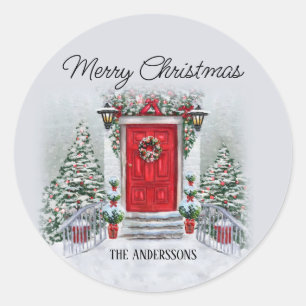 Old Time Vintage Red Door Wreath Merry Christmas Classic Round Sticker