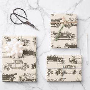 Old-timer Beige Brown Vintage Car Pattern Wrapping Paper Sheet