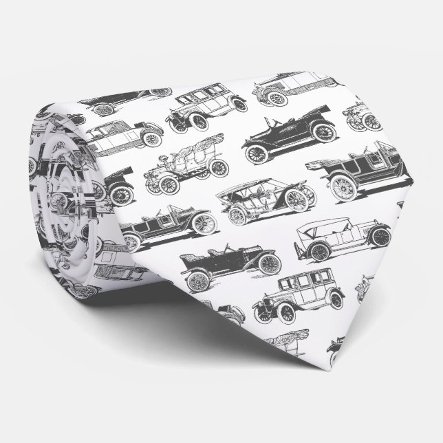 Old-timer Black White Vintage Car Pattern Tie (Rolled)