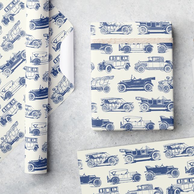 Old-timer Blue Vintage Car Pattern Wrapping Paper (Creator Uploaded)