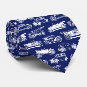 Old-timer Royal Blue White Vintage Car Pattern Tie