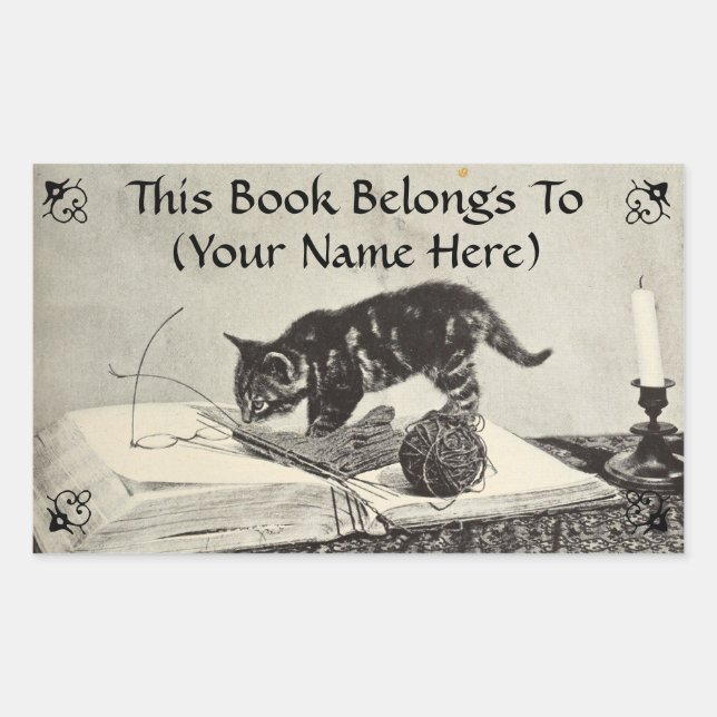 Old Timey Kitten Cat Knitting Book Plate Rectangular Sticker (Front)