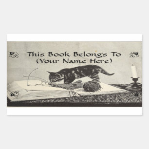 Old Timey Kitten Cat Knitting Book Plate Rectangular Sticker