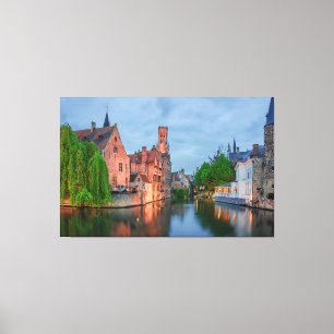 Old town and Belfry tower at night in Bruges Canvas Print