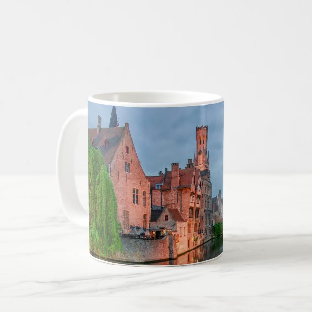 Old town and Belfry tower at night in Bruges Coffee Mug (Front Left)