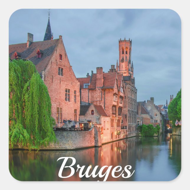 Old town and Belfry tower at night in Bruges Square Sticker (Front)