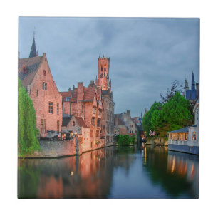 Old town and Belfry tower at night in Bruges Tile