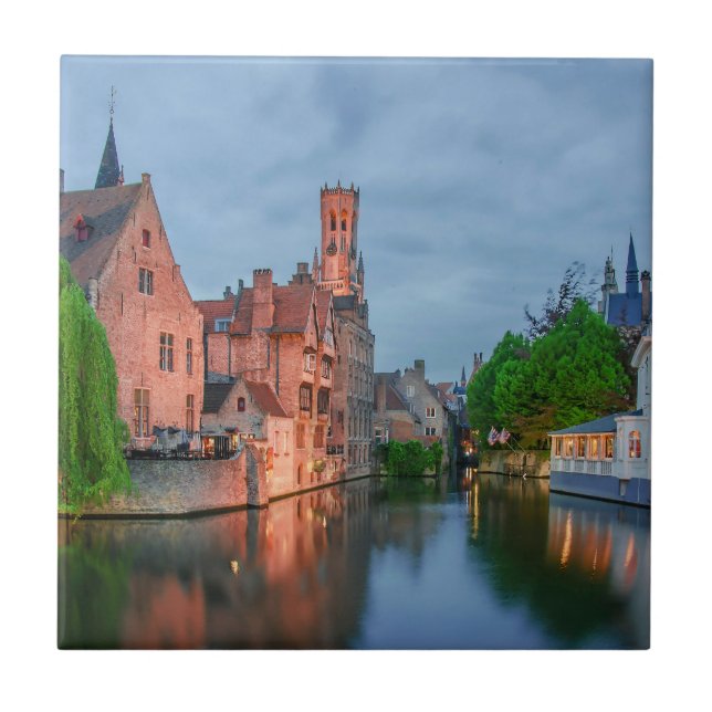 Old town and Belfry tower at night in Bruges Tile (Front)