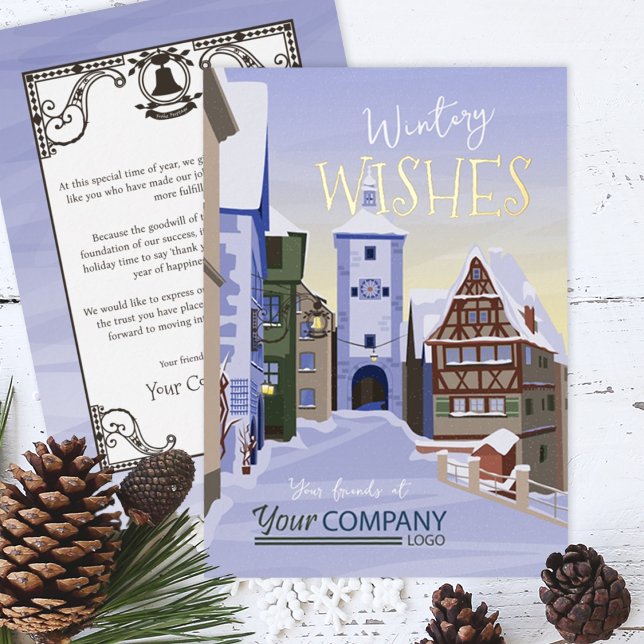 Old Town, Bavaria Blue, Gold Company Christmas Foil Holiday Card (Nostalgic Light Blue Winter Snow Company Holiday Greeting Cards Rothenburg, German)