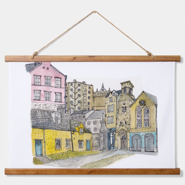 Old Town Edinburgh Watercolor Illustration Hanging Tapestry (Front)