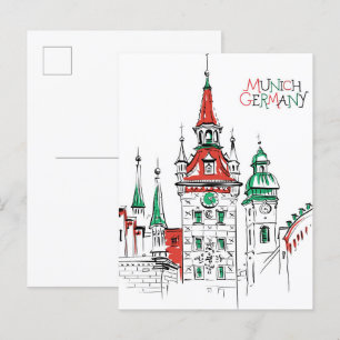 Old Town Hall Munich Germany Illustration Travel Postcard