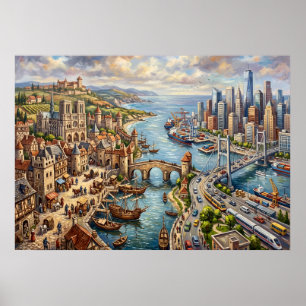 Old Town Harbour Cityscape Poster