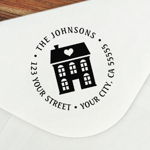 Old town house with heart return address self-inking stamp