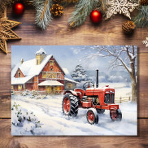 Old Tractor and Barn Snowy Winter Farm Christmas