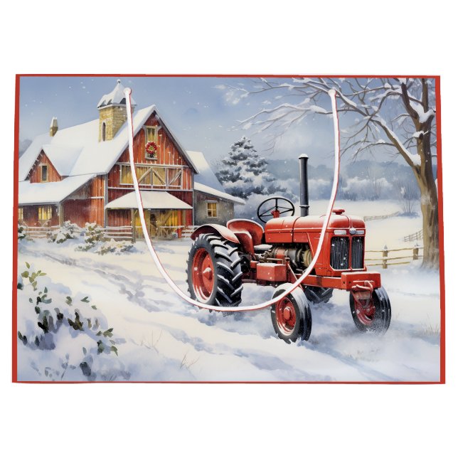 Old Tractor and Barn Snowy Winter Farm Christmas Large Gift Bag (Front)