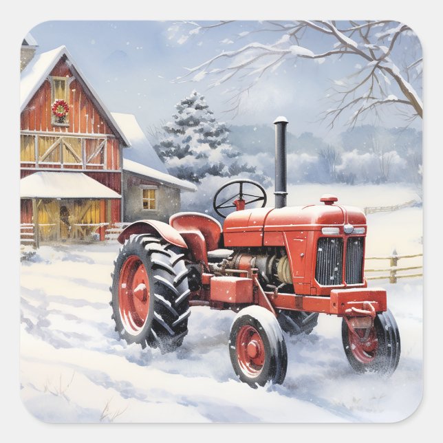 Old Tractor and Barn Snowy Winter Farm Christmas Square Sticker (Front)