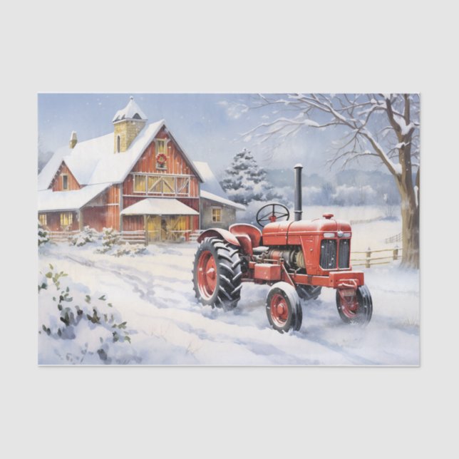 Old Tractor and Barn Snowy Winter Farm Christmas Tissue Paper (Front)