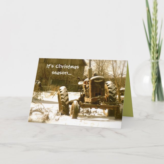 Old Tractor Christmas Card: Xmas Season Holiday Card (Front)
