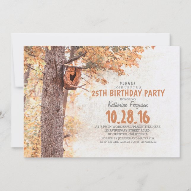 Old Tree and Bird House Rustic Fall Birthday Party Invitation (Front)
