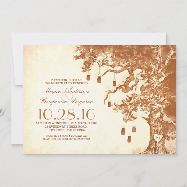 Old tree and mason jars rustic engagement party invitation (Front)
