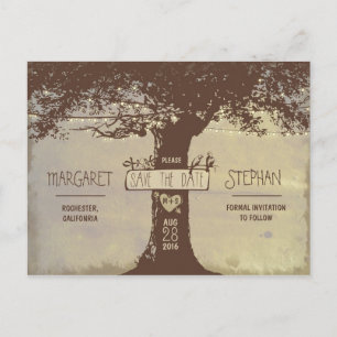 old tree and string lights save the date postcards