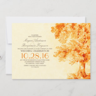 old tree orange watercolor wedding invitations