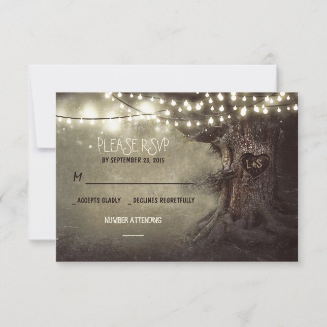 old tree string lights rustic wedding RSVP cards (Front)