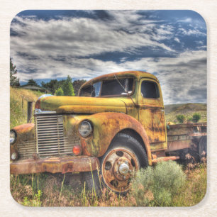 Old truck abandoned in field square paper coaster