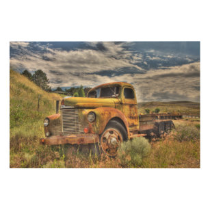 Old truck abandoned in field wood wall art