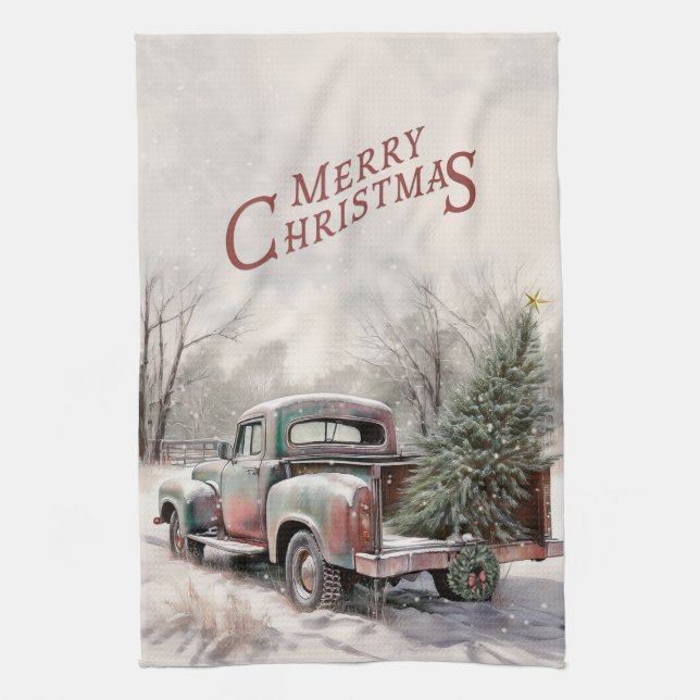 Old Truck Christmas Tree Kitchen Towel (Vertical)