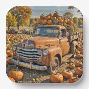 Old Truck Filled With Pumpkins Paper Plate