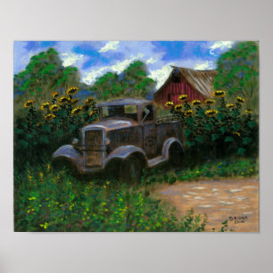 Old Truck with Sunflowers Poster