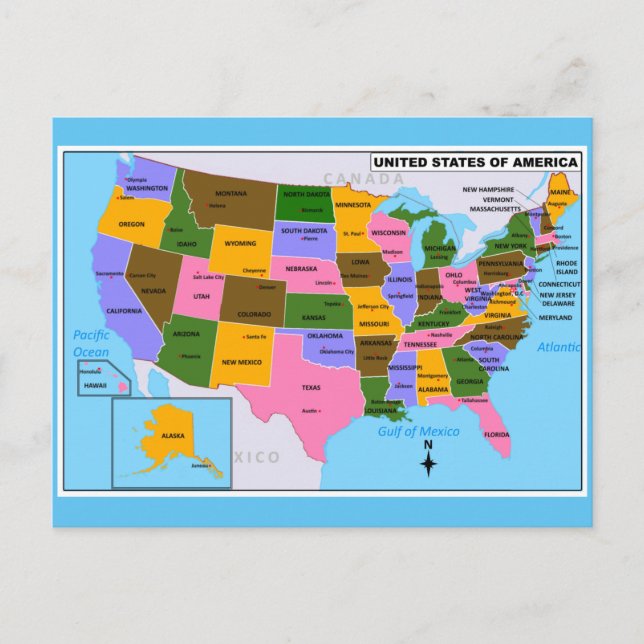 OLD USA Map with State Capitals and Gulf of Mexico Postcard (Front)